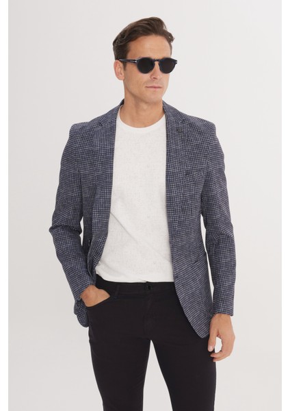 ALTINYILDIZ CLASSICS Erkek Lacivert Slim Fit Dar Kesim Mono Yaka Kazayağı Desenli Blazer Ceket