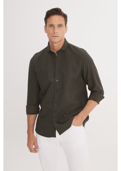 ALTINYILDIZ CLASSICS Erkek Haki Slim Fit Dar Kesim Italyan Yaka %100 Pamuk Gofre Gömlek fiyatları