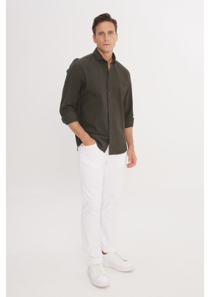 ALTINYILDIZ CLASSICS Erkek Haki Slim Fit Dar Kesim Italyan Yaka %100 Pamuk Gofre Gömlek modelleri