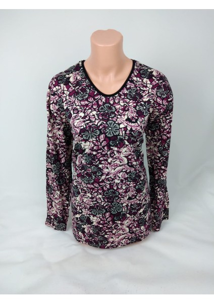 Kadın Siyah Mürdüm Krem U Yaka Uzun Kollu Desenli Yırtmaçlı Dokuma Viskon Anne Penye Tişört