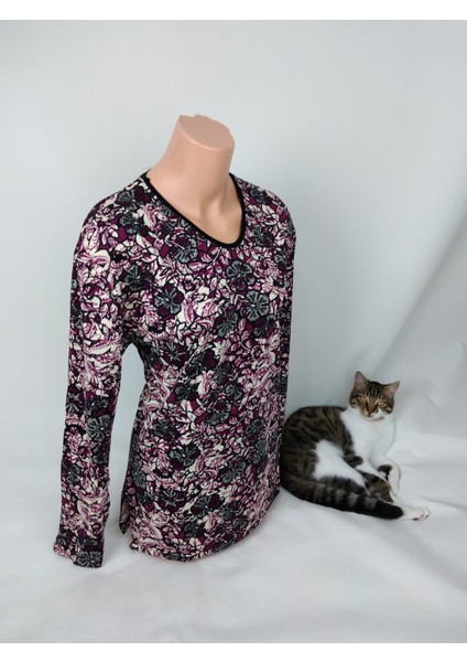 Kadın Siyah Mürdüm Krem U Yaka Uzun Kollu Desenli Yırtmaçlı Dokuma Viskon Anne Penye Tişört fiyatları