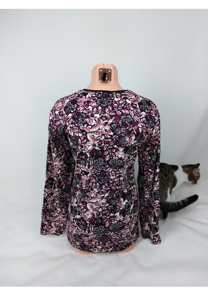 Kadın Siyah Mürdüm Krem U Yaka Uzun Kollu Desenli Yırtmaçlı Dokuma Viskon Anne Penye Tişört modelleri