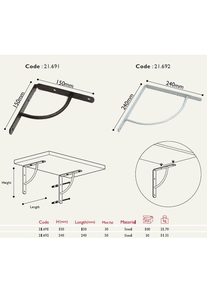 Raf Altı Metal 24CM (2 Adet) Metalik Gri fiyatları