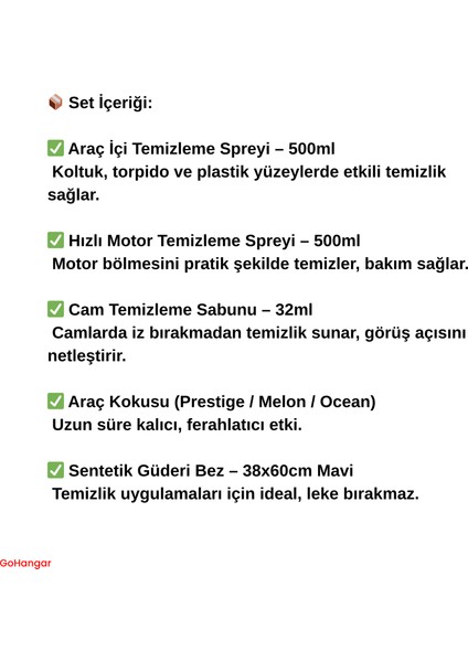 5'li Oto Bakım Temizlik Seti – Bez + Koku (3 Farklı Seçenek Mevcut) + Temizleyici – Erkek Arkadaşa Hediye - Arabasını Seven Erkeklere - Hediye Seti