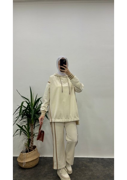 8682 - 2 Iplik Balıksırtı Şeritli Rahat Şık Kadın Pantolon Kapüşonlu Sweat Takımı fiyatları