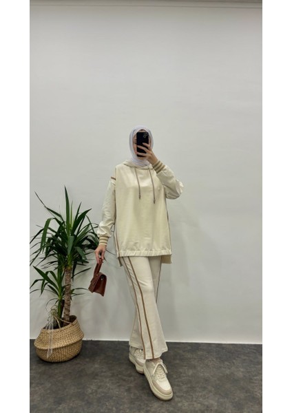 8682 - 2 Iplik Balıksırtı Şeritli Rahat Şık Kadın Pantolon Kapüşonlu Sweat Takımı modelleri