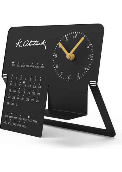 - Kemal Atatürk İmzalı Metal Masa Saati ve Takvimi - Siyah & Beyaz - 27x14x24 cm - Ofis Dekorasyonları - APH251 modelleri