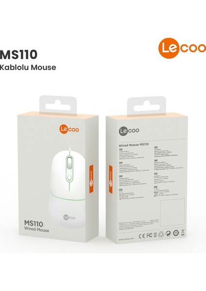 MS110 USB Kablolu 2400DPI 4 Tuşlu RGB Sessiz Click PC, Mac, Dizüstü Bilgisayar ile Uyumlu Optik Mouse Beyaz