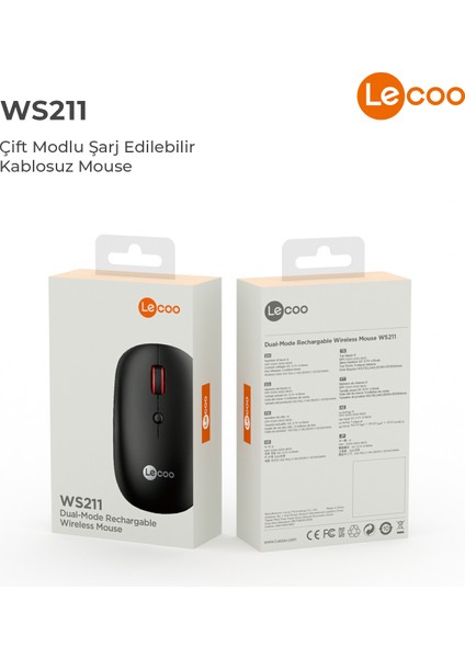 WS211 Kablosuz 1600DPI 6 Tuşlu Çift Modlu WiFi + Bluetooth Şarj Edilebilir Sessiz Optik Mouse Siyah