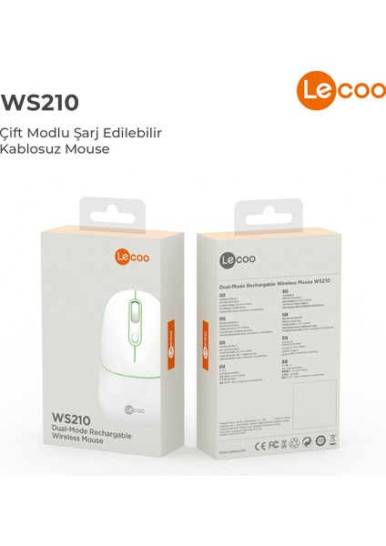 WS210 Kablosuz 1600DPI 6 Tuşlu Çift Modlu WiFi + Bluetooth RGB Aydınlatmalı Şarj Edilebilir Sessiz Optik Mouse Beyaz