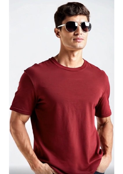 Fit Bisiklet Yaka Basic Düz Kısa Kollu Tişört Bordo
