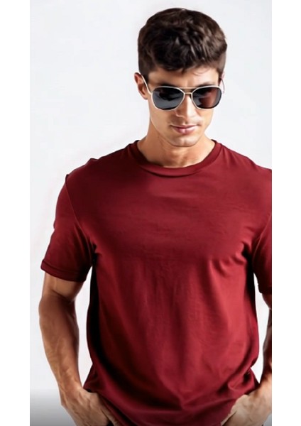 Fit Bisiklet Yaka Basic Düz Kısa Kollu Tişört Bordo