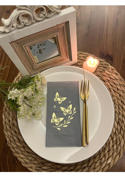 Gold Yaldızlı Gri Kelebek Yaprak Detaylı Peçete 16 Adet