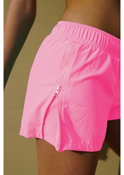 Pembe Yan Fermuarlı Mini Boy Kadın Mayo Deniz Şortu 816P
