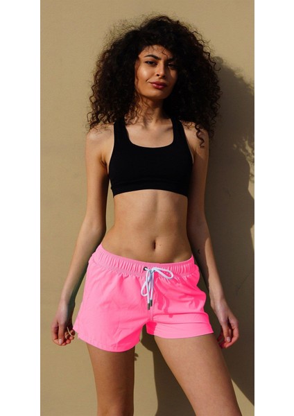 Pembe Yan Fermuarlı Mini Boy Kadın Mayo Deniz Şortu 816P