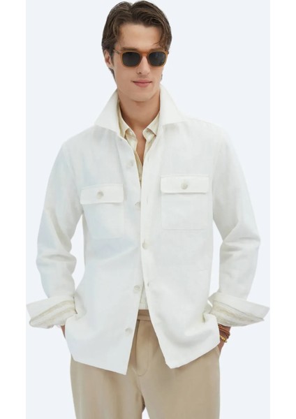 Bej Regular Fit Dokuma Pamuk Karışımlı Overshırt