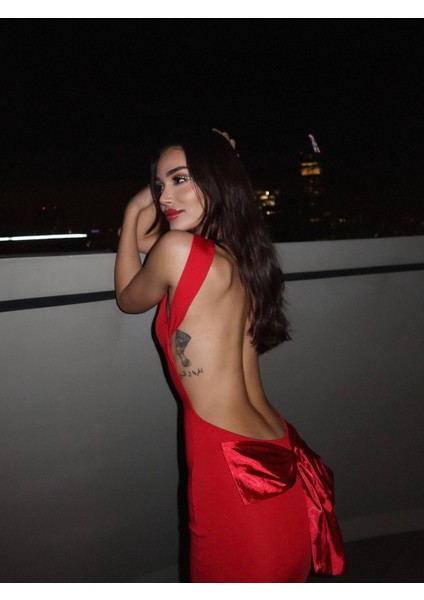 Sırt Dekolteli Kurdele Detaylı Uzun Elbise fiyatları