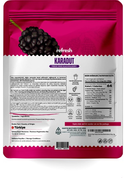 Freeze Dried Karadut - Dondurularak Kurutulmuş Meyve - Freeze Dry Meyve Kurusu 30gr