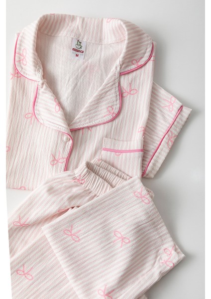 Kısa Kol Gömlek Yaka Kadın Pinterest Pijama Takımı - Yazlık Kadın Pijama- Geniş Beden Aralığı