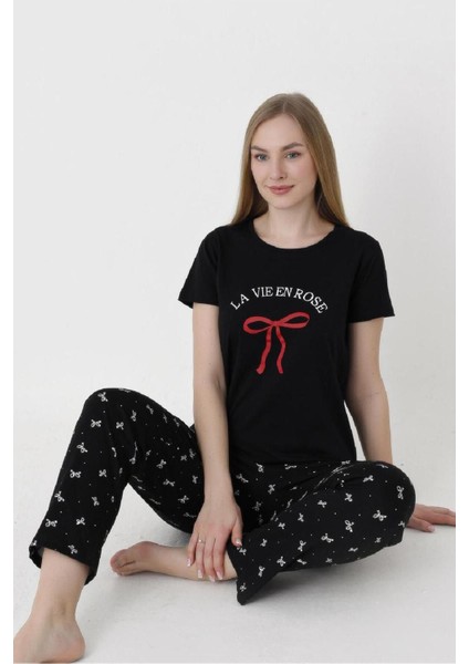 Pamuklu, Kadın Pijama Takımı, Kısa Kollu, Kurdele Desenli, Bisiklet Yaka, Siyah