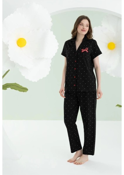 Pamuklu, Önden Düğmeli, Kısa Kollu, Kadın Pijama Takımı Siyah
