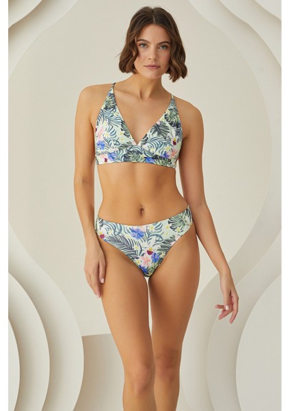 Tropikal Desenli, Sırtı Çapraz, Üçgen Bikini Takımı