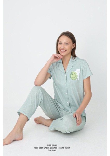 Pamuklu, Kadın Pijama Takımı, Bear Baskılı, Önden Düğmeli, Kısa Kollu, Yeşil
