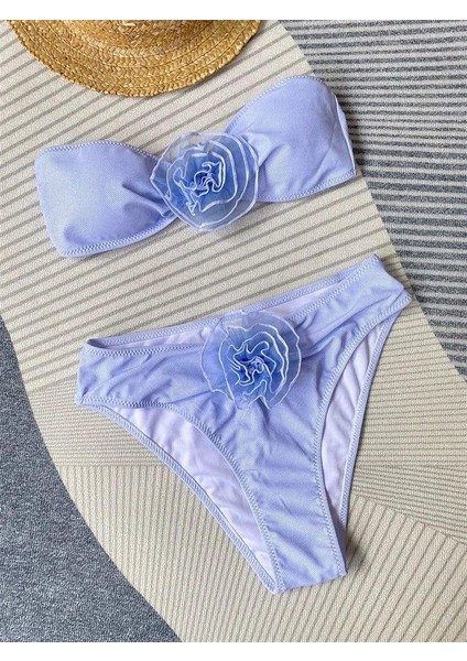 Mavi Yüksel Bel Gül Detaylı Bikini Takımı