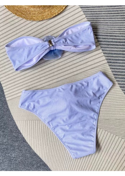 Mavi Yüksel Bel Gül Detaylı Bikini Takımı modelleri
