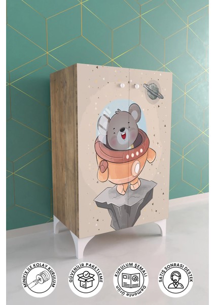 Little Astronaut 2 Raflı Çocuk Odası Dolabı Çok Amaçlı Baskılı Oyuncak Dolabı