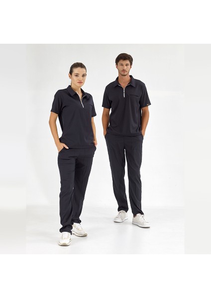 Lacivert Polo Lüks Likra Scrubs Takım