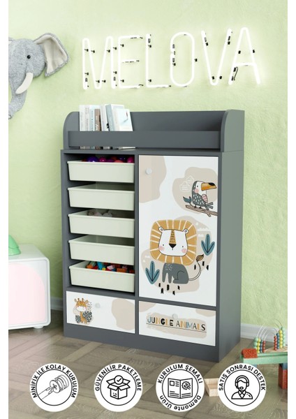 Jungle Animals Design "melova" 5 Sepetli 2 Çekmeceli Çok Amaçlı Oyuncak Dolabı