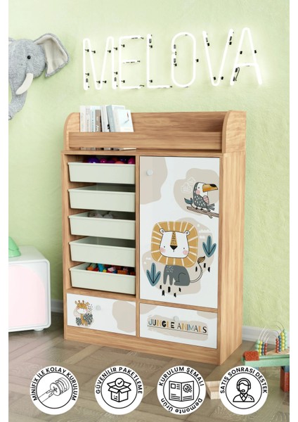 Jungle Animals Design "melova" 5 Sepetli 2 Çekmeceli Çok Amaçlı Oyuncak Dolabı