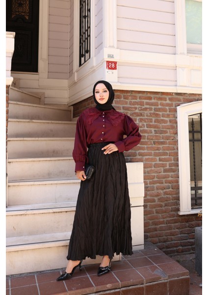 Beli Lastikli Kırışık Kraş Etek - Siyah / A0101