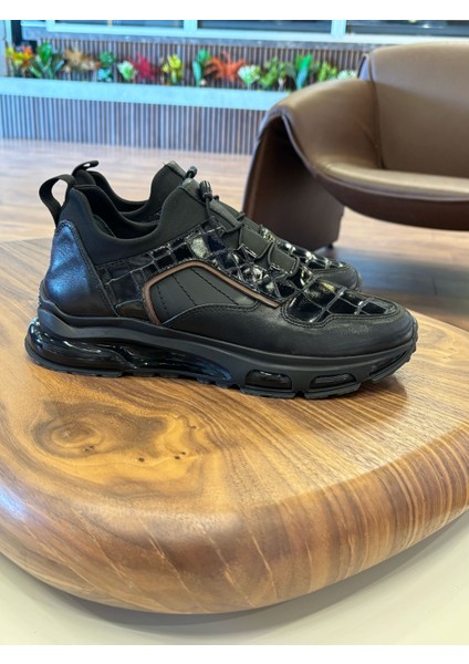 1108 Siyah Rugan Detaylı Hakiki Deri Erkek Sneakers - Erkek Spor Ayakkabı
