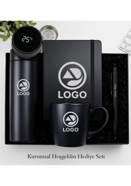 Kişiye Özel Logolu Siyah Dereceli Termos, Defter, Kupa ve Tükenmez Kalem Kurumsal Hediye Seti-1 | Kurumsal Welcome Kit, Yeni Iş Hediyesi
