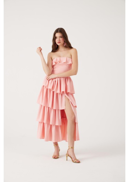 Straplez Fırfırlı Uzun Gracie Elbise Pembe fiyatları