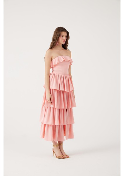 Straplez Fırfırlı Uzun Gracie Elbise Pembe modelleri
