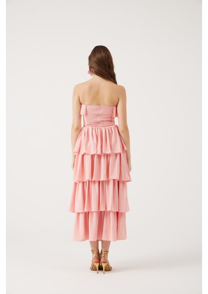 Straplez Fırfırlı Uzun Gracie Elbise Pembe indirimleri