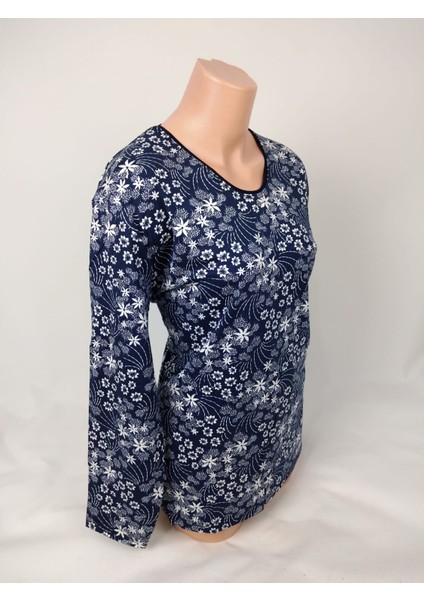 Kadın Lacivert Beyaz U Yaka Uzun Kollu Desenli Yırtmaçlı Dokuma Viskon Anne Penye Tişört fiyatları