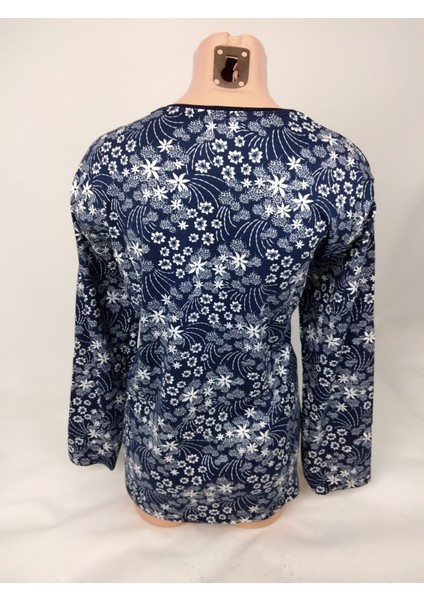 Kadın Lacivert Beyaz U Yaka Uzun Kollu Desenli Yırtmaçlı Dokuma Viskon Anne Penye Tişört modelleri