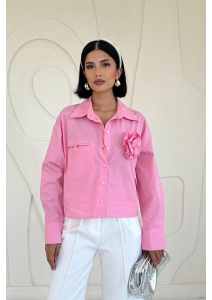 Pembe Fleto Cepli Poplin Gömlek