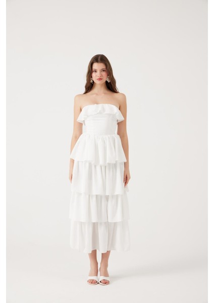 Straplez Fırfırlı Uzun Gracie Elbise Beyaz modelleri