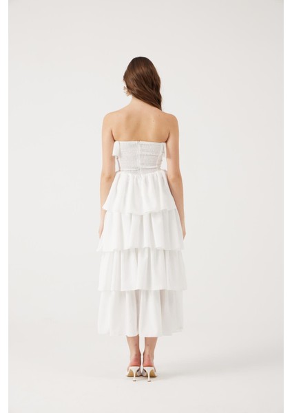 Straplez Fırfırlı Uzun Gracie Elbise Beyaz indirimleri