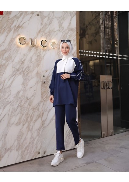 Aysu Lacivert Kadın Trend Yarım Patlı Gömlek Yaka Pantolon Takım AYSU-4265