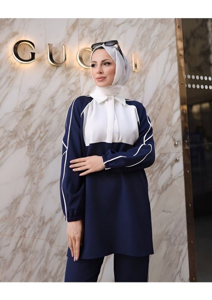 Aysu Lacivert Kadın Trend Yarım Patlı Gömlek Yaka Pantolon Takım AYSU-4265 fiyatları