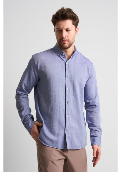 Alexandergardı Erkek Yakası Düğmeli Uzun Kollu Keten Gömlek (EG-1847-01)