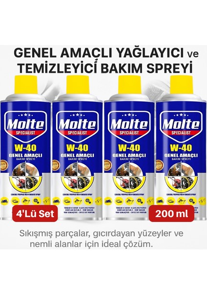 Molte 4’lü 200 ml W-40 Çok Amaçlı Ev Tipi Pas Temizleyici Set – Bahçe Makası, Menteşe, Musluk ve Diğer Parçalar Için Hızlı Etkili ve Pratik Bakım Spreyi