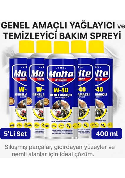 Molte 5’li 400 ml W-40 Pas Temizleyici Set – Teknik Servisler ve Oto Sanayi Için Ekonomik, Güçlü Temizlik ve Koruma Sağlayan Çok Amaçlı Bakım Spreyi
