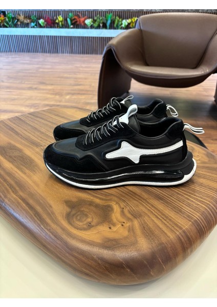 1107 Siyah Beyaz Detaylı Hakiki Deri Erkek Sneakers - Erkek Spor Ayakkabı